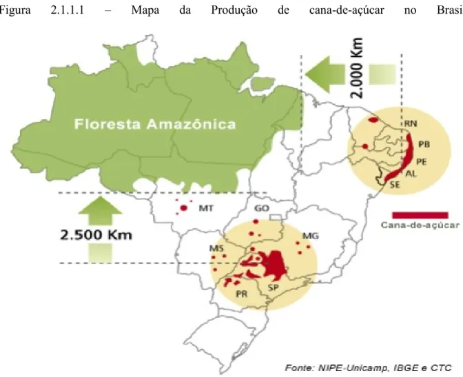 Figura  2.1.1.1  – Mapa  da  Produção  de  cana-de-açúcar  no  Brasil