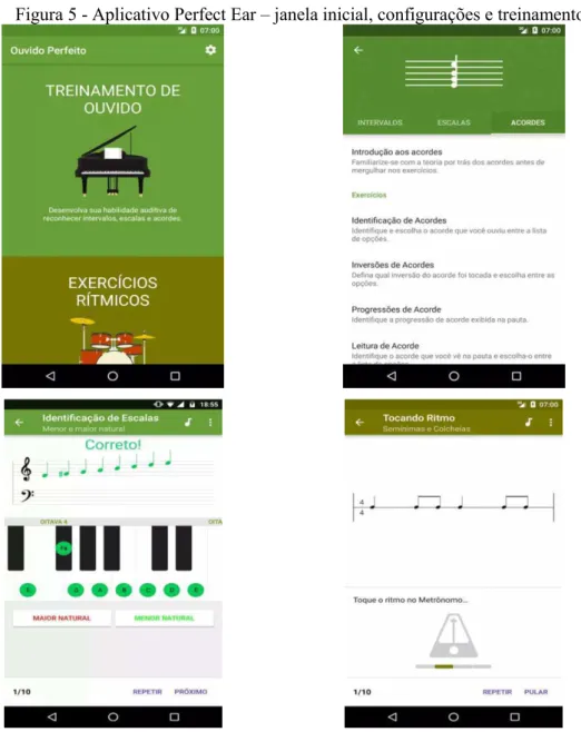 Figura 5 - Aplicativo Perfect Ear – janela inicial, configurações e treinamento. 