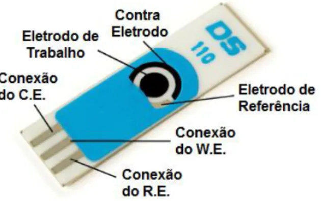 Figura  2  -  Esquema  ilustrativo  de  um  eletrodo  impresso  de  carbono  típico  com  os  três  eletrodos: trabalho (WE), referência (RE) e contra eletrodo (CE)