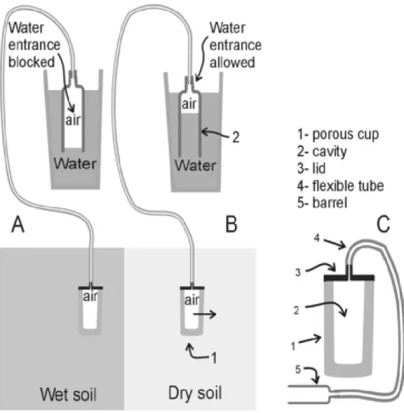 Figure 1. Illustration of the irrigas system to control irrigation. On the left side (A), in wet soil, the porous cup water imbibition does not allow the air permeation and water does not enter the barrel as it is immersed