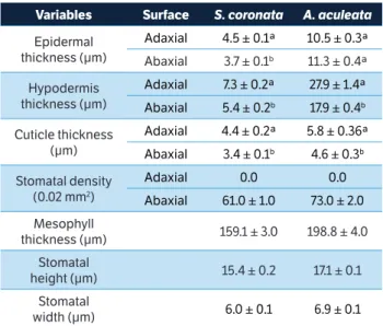 table 2. Leaf anatomical variables for S. coronata and A. aculeata  plants under field conditions in Caetés (Pernambuco, Brazil) during  the dry period.