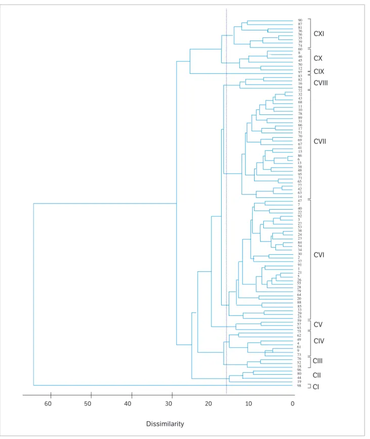 Figure 1. Clustering of 98 corn genotypes (progenies and control) using the UPGMA method from the squared Mahalanobis distance (D 2 )
