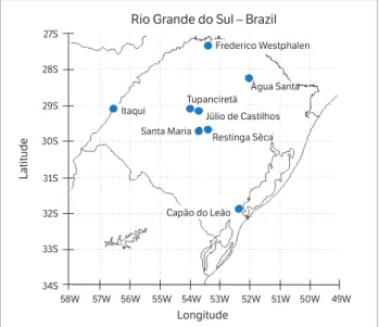 Figure 1. Map of the State of Rio Grande do Sul, Brazil. Solid circles  indicate experimental sites, during the 2012/2013 and 2013/2014  growing seasons.
