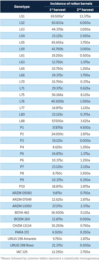 Table 3. Incidence of rotten kernels in in 37 popcorn genotypes  evaluated in the first (2013/2014) and second (2014) harvests.