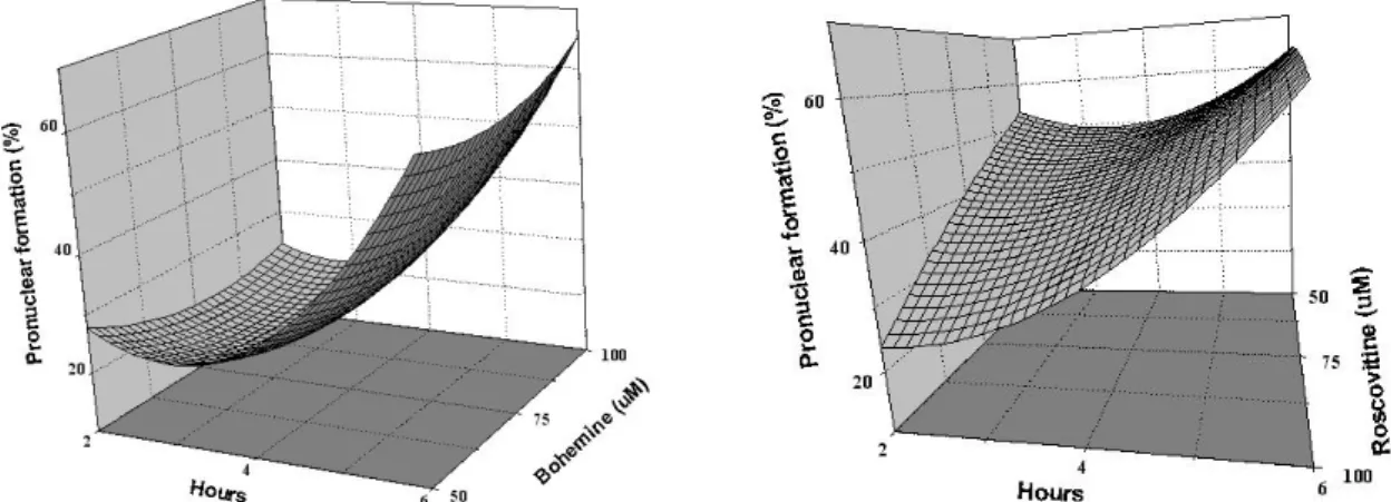 Figure 1. Bohemine and roscovitine response surface as a function of exposure period (hours) and  concentration (µM)