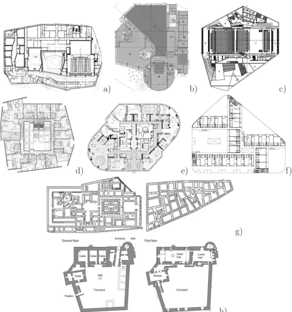 Figure 1.1 – Examples of real-world buildings floor plans composed by inner and outer non- nonrectangular shapes: a) Paloma music complex  Nantes, France; b) Centre PompidouMetz  -Metz, France; c) Casa da M´ usica - Porto, Portugal; d) 39th floor of the Sh