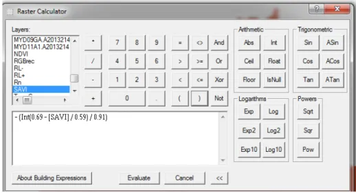 Figura 2. Exemplo de construção de equação na ferramenta Raster Calculator da extensão Spatial   Analyst Tools do ArcGIS® 10.1