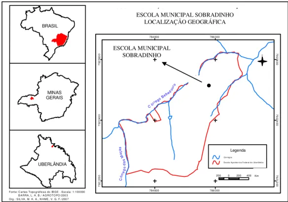 Figura 1: Mapa da localização geográfica da Escola Municipal Sobradinho no município de Uberlândia-  MG  Fonte: NEHME, V