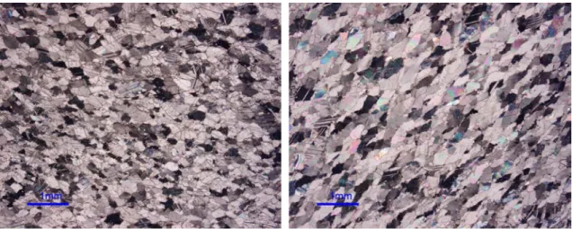 Fig. 6 – Imagens ao microscópio petrográfico do mármore branco em secção “a favor”, à esquerda  e “ao contra” à direita onde a orientação cristalográfica preferencial é bem evidente segundo a  diagonal