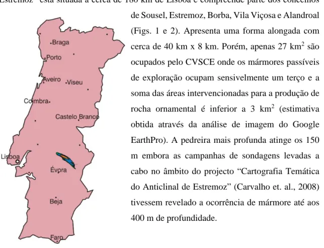 Figura 1. Esquema ilustrativo da localização do Anticlinal de Estremoz no território nacional