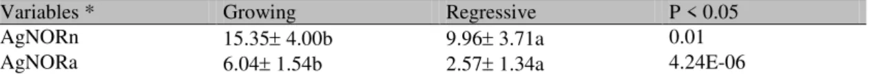 Table  1.  Statistical  analysis  of  the  AgNORs  number  and  area  in  TVT  cells  nuclei  of  the  growing  and  regressive phases 
