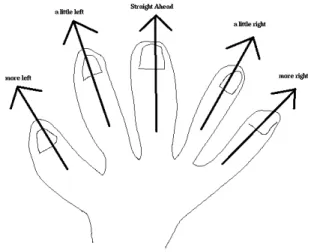 Figura 17 -Correspondência entre cada dedo da luva e as direcções. (Fonte: [Zelek J. et al., 1999]) 