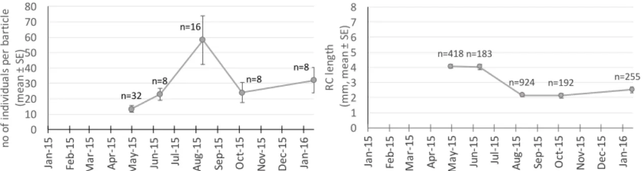 Figure    6    –    Mean    weight    of    fouling    organisms    per    barticle    on    three    monitoring    dates    (M3/August;   