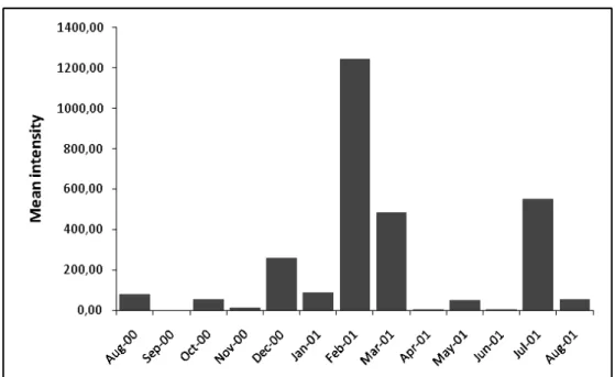 Figure 2. Mean intensity of proteocephalid cestode parasites in Cichla sp. in the Paraná river, Presidente  Epitácio, SP, from August 2000 through August 2001