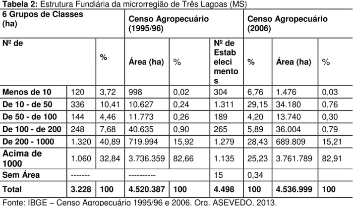 Tabela 2: Estrutura Fundiária da microrregião de Três Lagoas (MS)  6 Grupos de Classes  