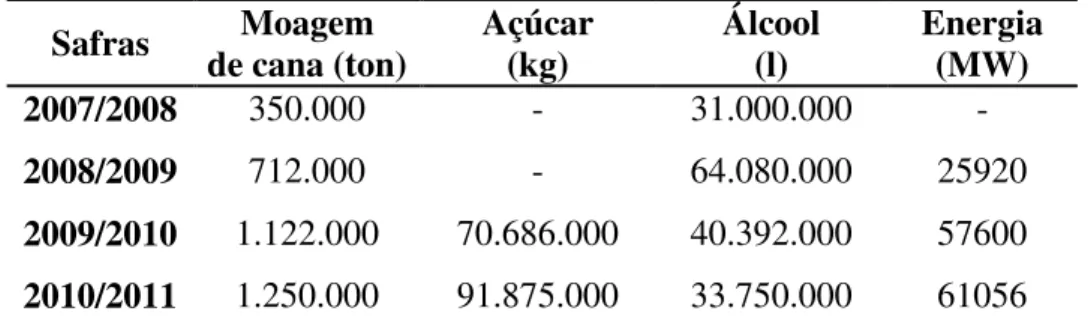 Tabela  8  -  Moagem  de  cana,  produção  de  açúcar  e  álcool  realizada  na  usina  Cerradão  em  Frutal, 2011 
