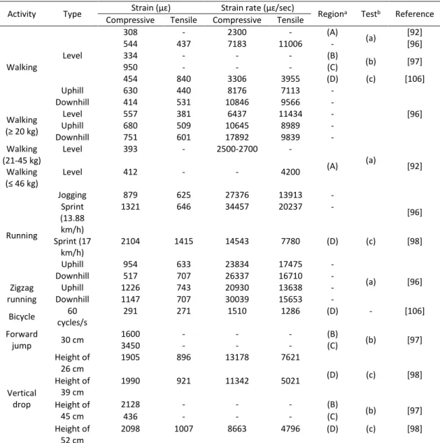 Table 2.2 - In vivo humans bone strain values measured during different types of physical activities, reported in the  literature 