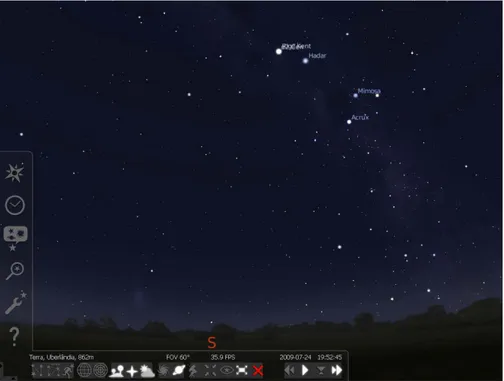 FIGURA 1 – Interface do programa Stellarium (versão 0.10.1) com barras  de comando na vertical e horizontal e visão do céu noturno  voltado ao sul  