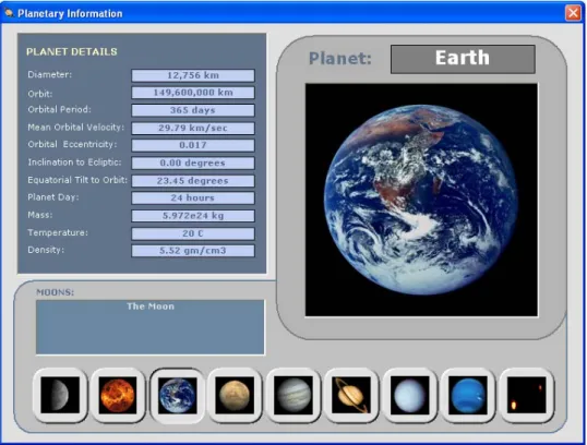 FIGURA 5 – Interface do programa Solar System 3D com imagem e dados  sobre o planeta Terra 