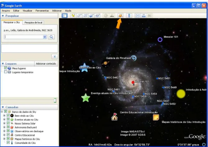 FIGURA 7 – Imagem de galáxia, no Google Earth, obtida pelo ícone “Alternar entre Earth, Sky e  outros planetas”, na barra horizontal superior, indicado pela seta 