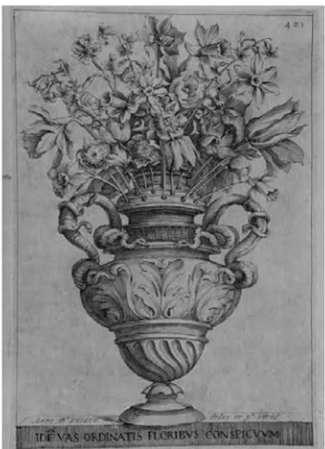 Figura n.º 1 – Vaso de Flores. Gravura de Anna Maria Vaiani  incluída na 1.ª edição do tratado De Florum Cultura de 1633 Fonte: University of Delaware Library