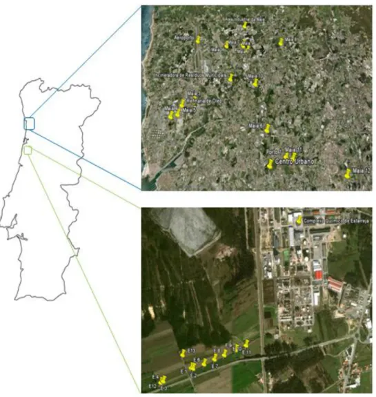 Figura 4 – Locais de amostragem na área urbana e na área industrial (cada ponto assinalado a  amarelo indica o local de recolha de amostras de solo e plantas)