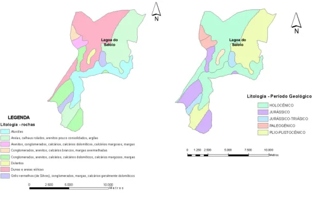 Figura  II.2  –  Carta  Litológica:  designação  das  unidades  litológicas  para  o  concelho  da  Nazaré  e  período  geológico  (Adaptado  do  Atlas  do  Ambiente  Digital  do  Instituto  do  Ambiente, Escala 1: 1 000 000)