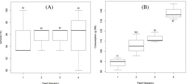 Figure 1. (A) Survival and (B) feed consumption in Farfantepenaeus paulensis according to feed offered  at  different  frequencies