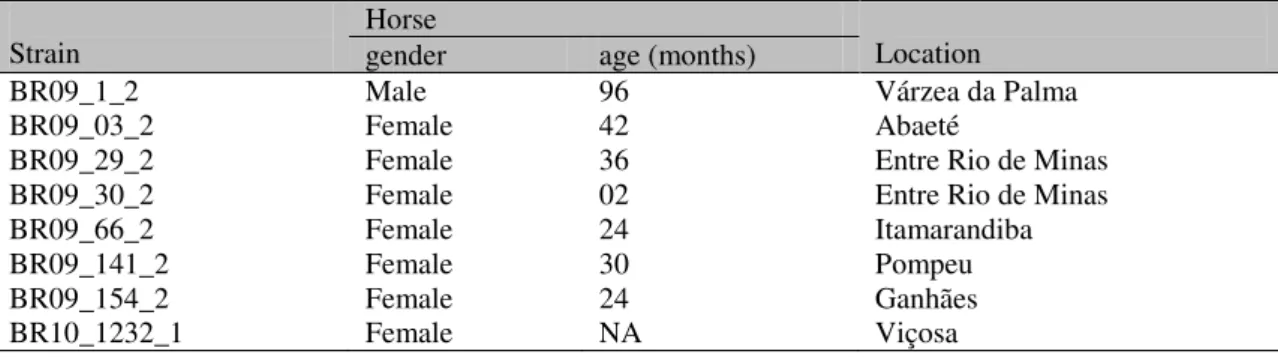Table  1.  Features  of  EHV-1  strains  isolated  from  horses  with  neurologic  disease  in  the  State  of  Minas  Gerais, Brazil 