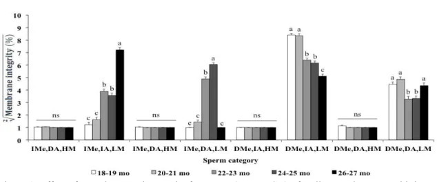 Figure 1. Effect of sexual maturation on the frequency (mean + SD) of Nellore cattle sperm with intact  membranes  (data  pooled  within  each  lot,  N=60  bulls/age)