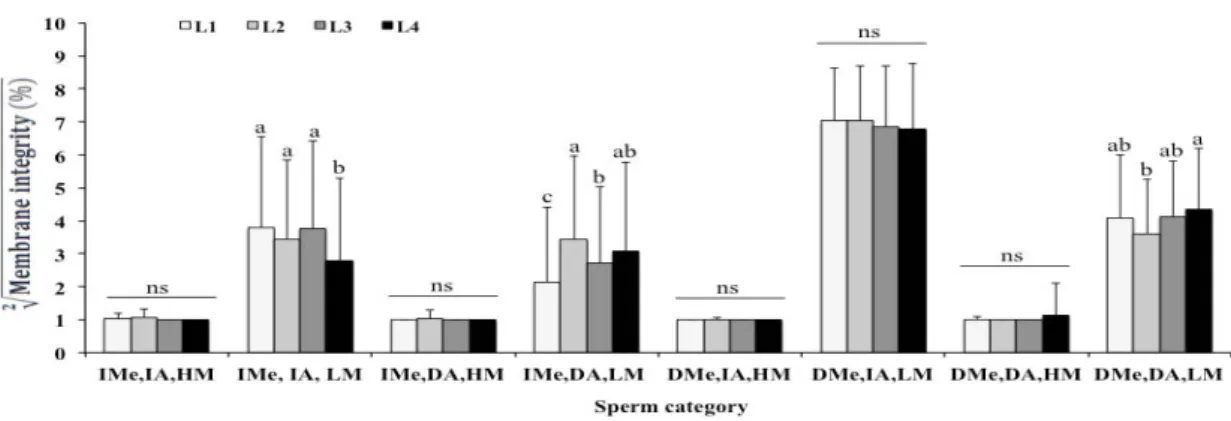 Figure 2. Effect of lot on the frequency (mean + SD) of intact plasma or acrosomal membrane in Nelore  bull sperm