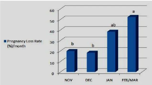 Figure  1.  Pregnancy  loss  rate  of  mares  inseminated  with  diluted  or  diluted  and  cooled  jackass  semen  according  to  the  month  ovulation  occurrence,  assessed  from  conception  to  birth