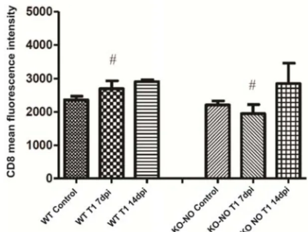 Figure  5.  Mean  Fluorescence  Intensity  (MFI)  values  for  CD4  molecules  in  the  spleen  homogenate of C57Black/6 wild-type and KO-NO  mice  infected  with  CP 