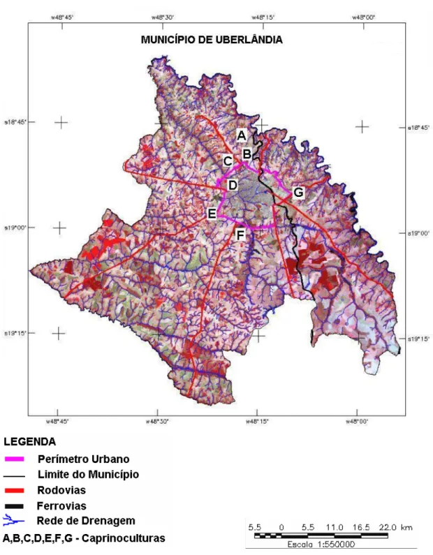 Figura  2.  Localização  dos  rebanhos  caprinos  estudados  no  município  de  Uberlândia, MG