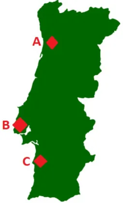 Figura 2.3 - Localização da sede e delegações da empresa EQS em Portugal