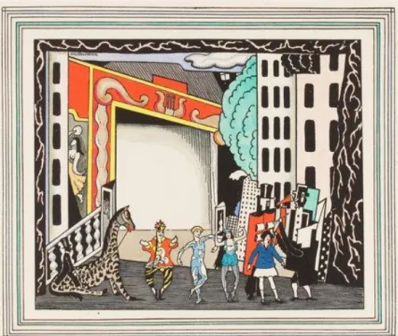 Fig. 01  –   Desenho  de Cenários e Figurinos  de  Pablo Picasso  para o espetáculo  Parede  do  Ballets  Russos  (1916-1917)  Fonte:  Disponível  em   &lt;http://astesmagazine.com/2013/06/washingtons-national-gallery-of-art-with-diaghilevs-ballets-russes-