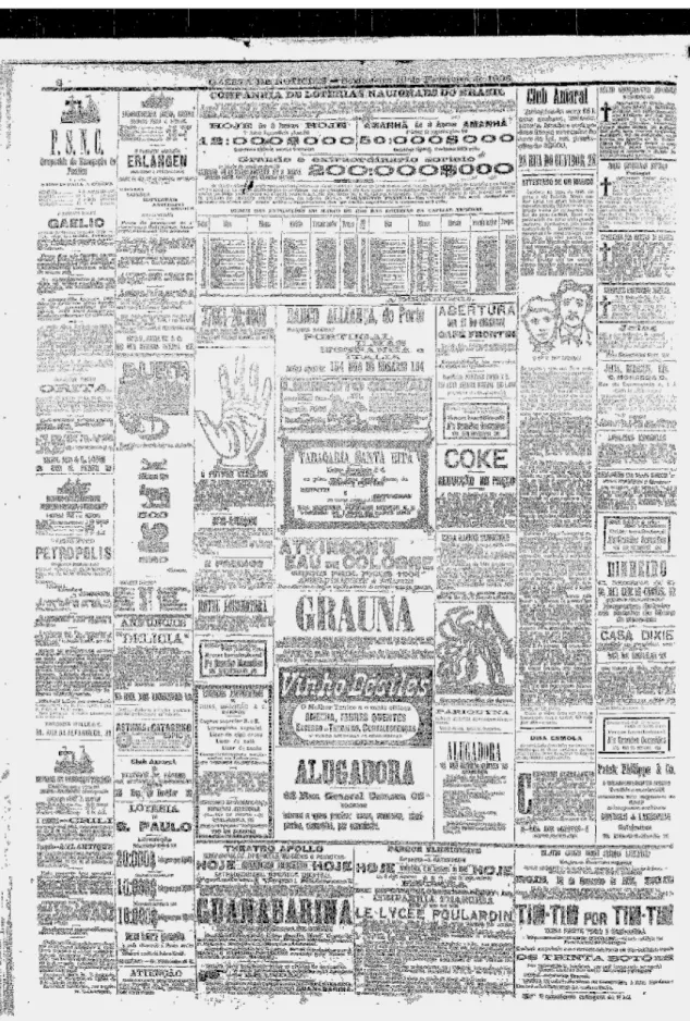 Ilustração 8 - Gazeta de Notícias. Rio de Janeiro, 16/02/1906. (página inteira de anúncios da jornal  Gazeta de Notícias, com dicas do jogo do bicho e reclame de ocultismo) 