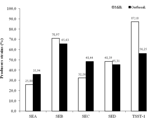 Figure 1. Production of TSST-1 and enterotoxins by 95 strains of Staphylococcus aureus recovered from  bovine raw milk (n=31) and food samples involved in staphylococcal outbreak (n=64)