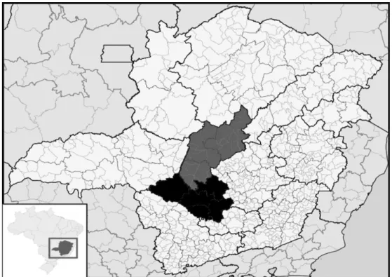 Figure 1. Location of Central Mineira (gray) and Oeste de Minas (black) regions in Minas Gerais State,  Brazil 