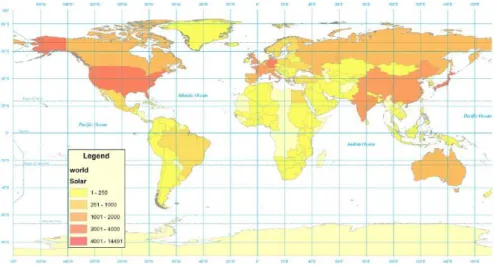 Figura 2.5 – Mapa mundial do n´ umero de publica¸c˜ oes cient´ıficas em energia solar no per´ıodo 1979-2009 (Manzano-Agugliaro et al., 2013).