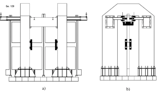 Figura A.3 - Estrutura metálica auxiliar de guiamento do pórtico; a) Alçado transversal; b) Alçado longitudinal