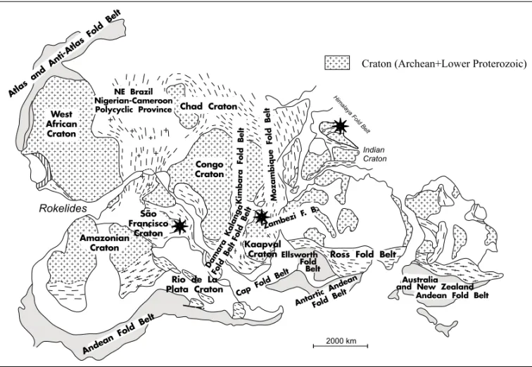 Fig. 7 – Schematic structural map of Gondwana (modified from Trompette 1994) showing the geographic distribution of cratons and foldbelts