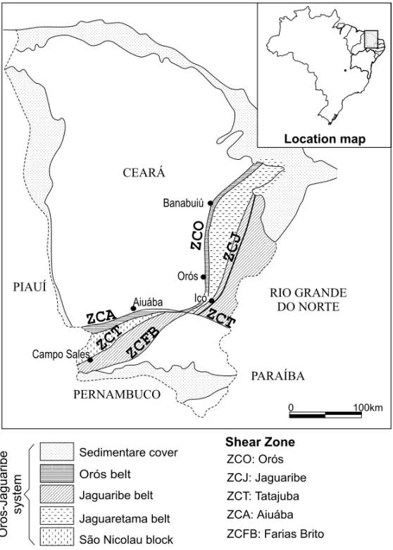 Fig. 8 – Simplified geologic map of the Orós Mobile belt, state of Ceará, northeastern Brazil (modified from Parente &amp; Arthaud 1995).