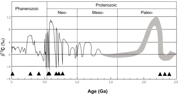 Fig. 1 – Compilation of the secular δ 13 C variation curves based on Hoffman et al. (1998a) and Kha et al