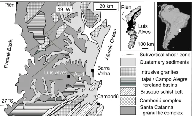 Fig. 1 – Geological map of the Santa Catarina granulitic complex, showing location of dated sample, AL-1