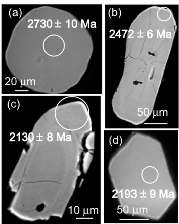 Fig. 2 – BSE images of zircon crystals from dated granulite, sample AL-1; SHRIMP spots indicated as white circles; ages of spots shown