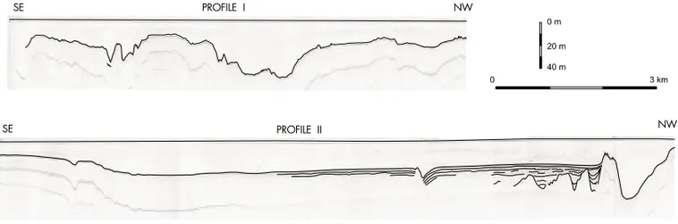Fig. 8 – Seismic profiles 1 and 2, with internal reflectors and sea bed highlighted for clarity.