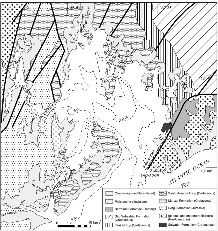 Fig. 2 – Geology map of the surroundings of Todos os Santos Bay (after Medeiros &amp; Ponte 1981) and the general bathymetric contour of Todos os Santos Bay (source: DHN’s nautical chart 1:66:000).