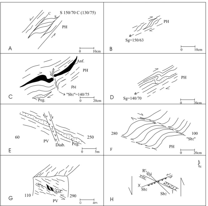 Fig. 4 – Kinematic indicators (A-G) and schematic models explaining one of the events active in the study area (H)