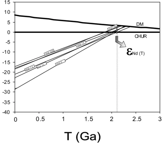 Fig. 7 – Nd isotopic evolution diagram for samples of Jurubatuba granite and felsic volcanics from the Silvânia Sequence.